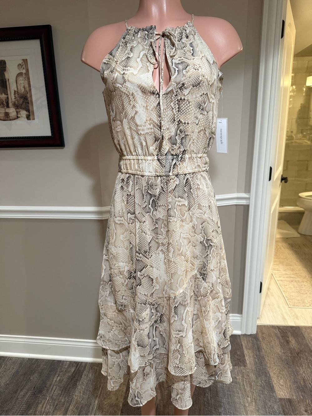 Sleeveless Snake-Print Midi Dress in Neutral Tones